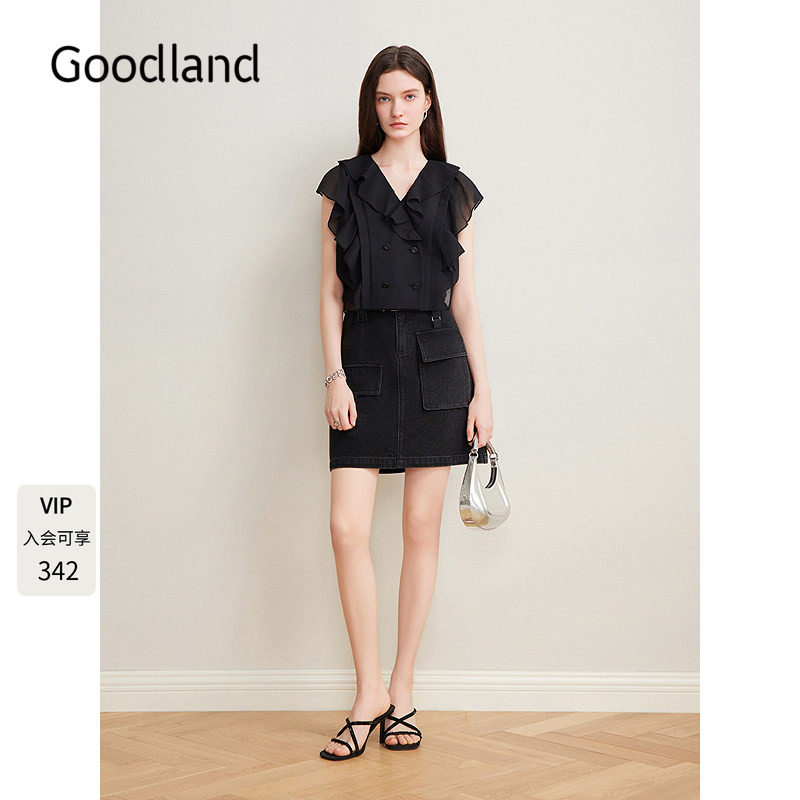 Goodland美地女装2025夏季新款棉质口袋牛仔半身裙a字短裙