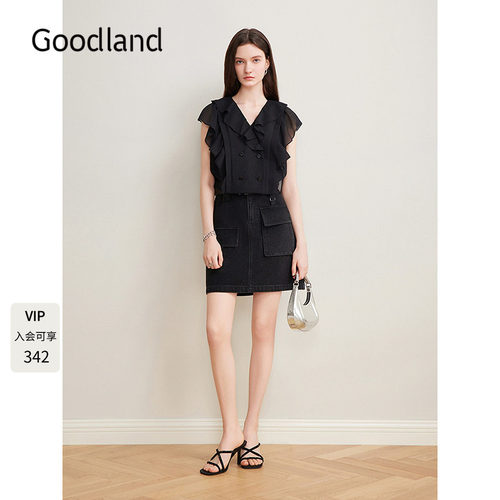 Goodland美地女装2025夏季新款棉质口袋牛仔半身裙a字短裙
