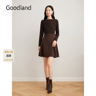 Goodland美地咖色一字领拼接针织连衣裙收腰短款 a字裙LC34506427