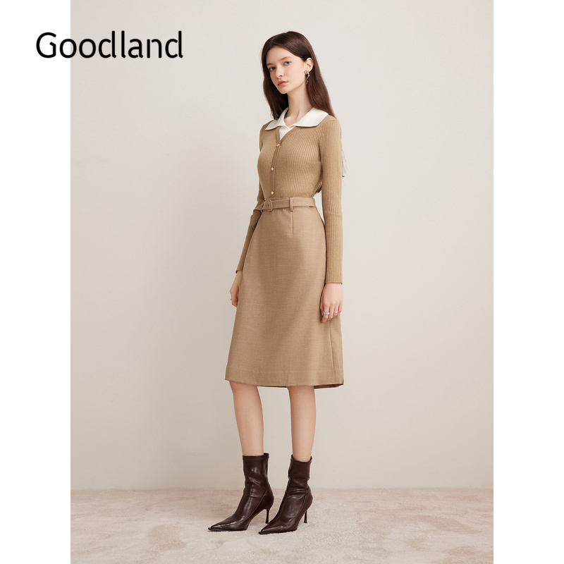 Goodland美地女装2024年秋冬新款羊毛拼接假两件针织连衣裙长款