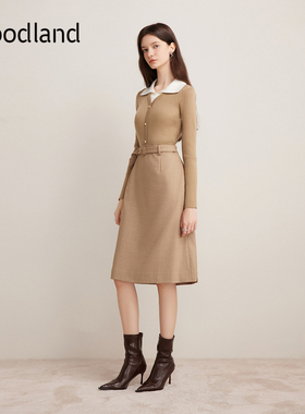 Goodland美地气质法式翻领拼接针织连衣裙修身显瘦LC34306627