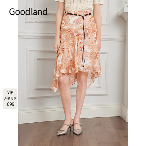 Goodland美地2026春季新款不规则下摆皮质腰绳印花短裙LC36150040