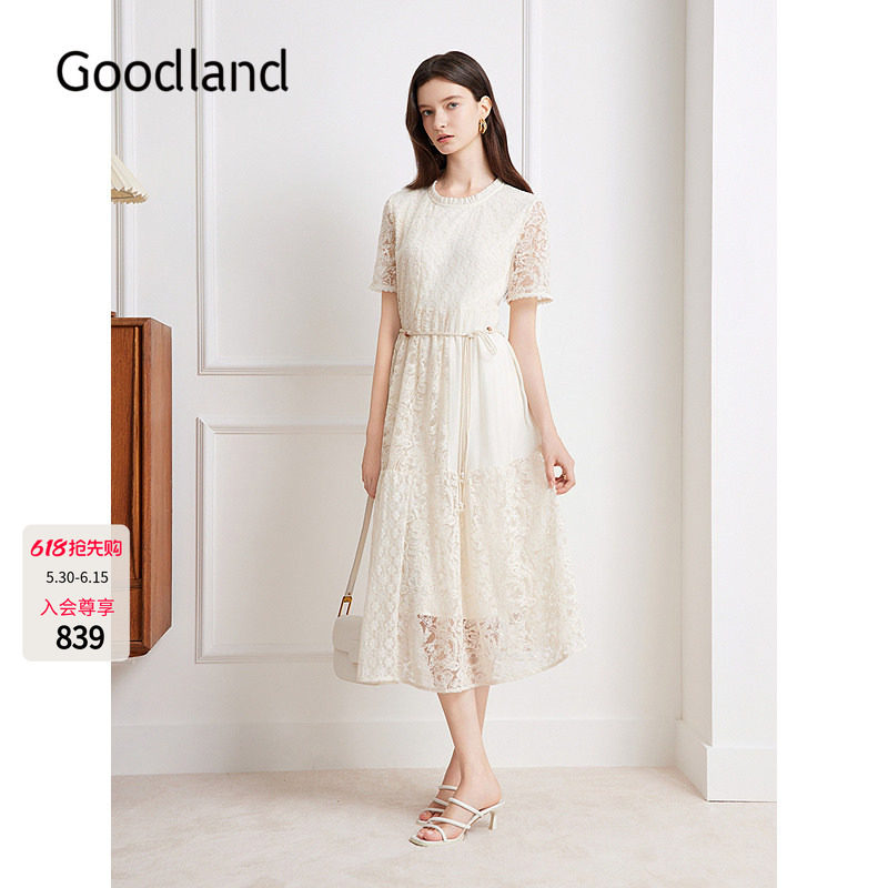 Goodland美地法式气质串珠腰带拼接蕾丝连衣裙女夏季LC35205960
