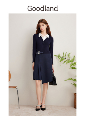 Goodland美地女装羊毛法式气质拼接衬衫领假两件连衣裙LC34306457
