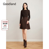 Goodland美地咖色一字领拼接针织连衣裙收腰短款 a字裙LC34506427