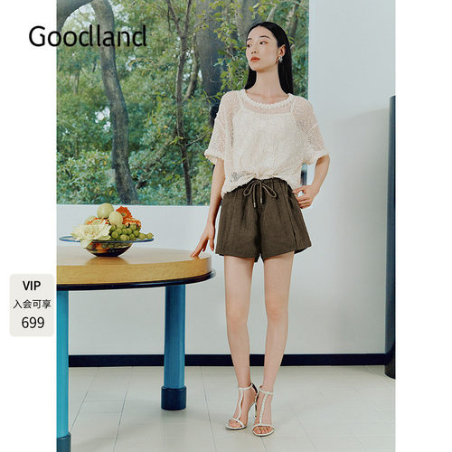 Goodland美地珠片网纱蕾丝短袖上衣女宽松夏季2026新款LC36270060