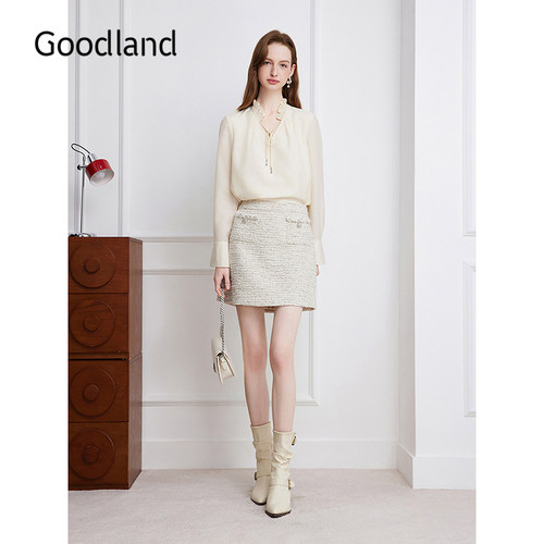 Goodland美地2026秋新款莱赛尔羊毛混纺木耳边系带衬衫LC36370110