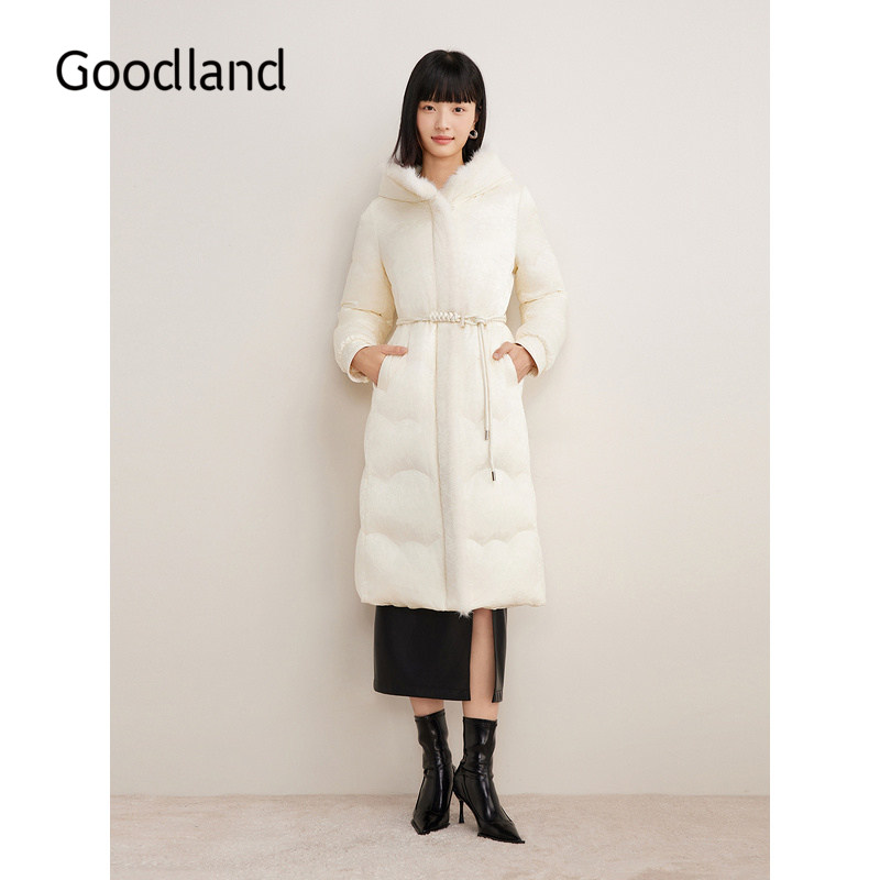 Goodland美地新中式白色水貂毛连帽羽绒服女长款鸭绒LC34508110