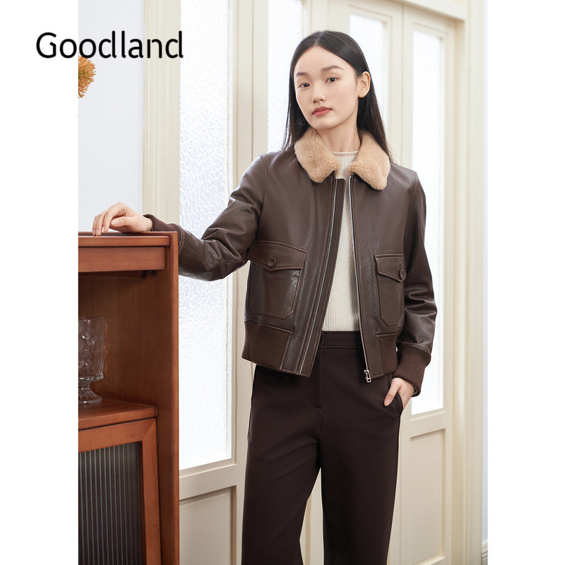 Goodland美地【白鸭绒】美拉德毛领羊皮衣羽绒外套女2024年冬新款