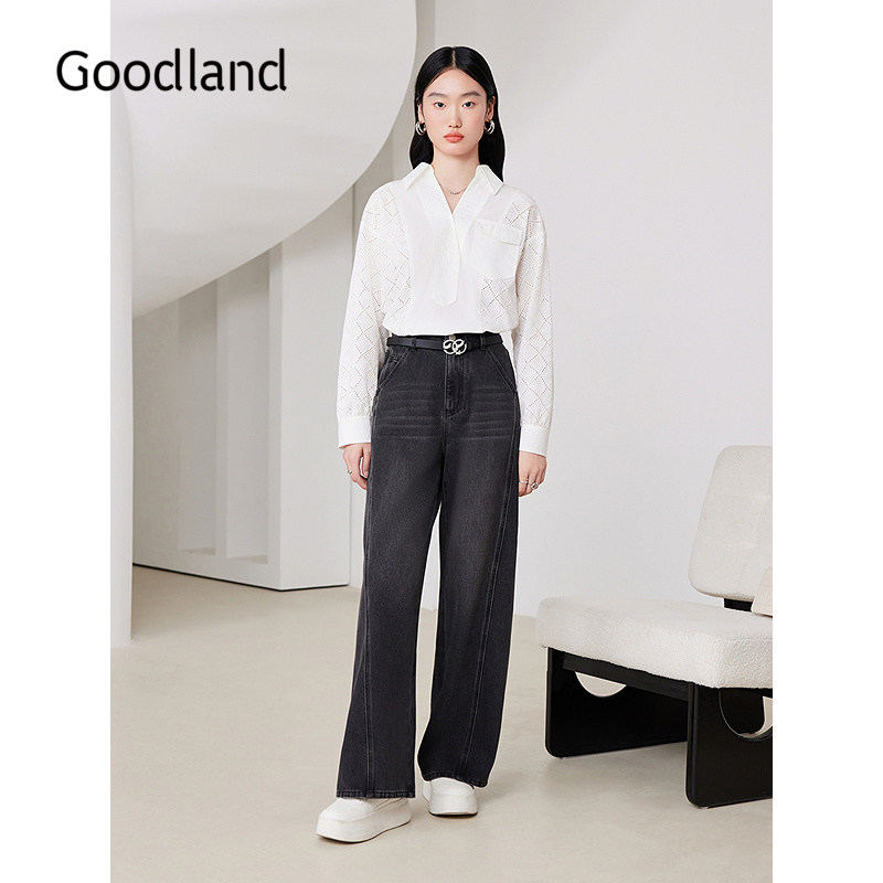 Goodland美地女装2025秋新款复古深灰直筒阔腿裤牛仔裤LC35320130