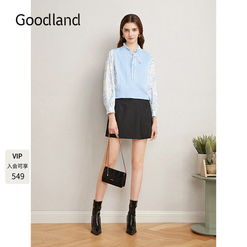 Goodland美地女装2025春新款法式浪漫印花假两件毛针织衫气质上衣