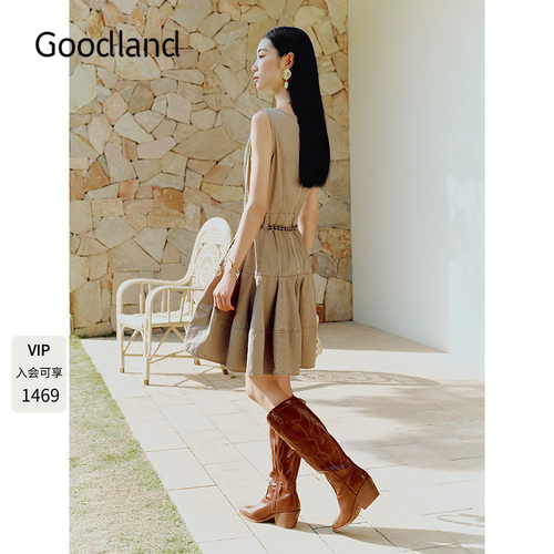 Goodland美地工装风全棉连衣裙2026夏季新款方领无袖裙LC36205440