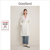 气质醋酸混纺双排扣白色风衣外套女长款 Goodland美地女装 春秋季