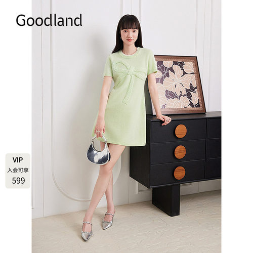 Goodland美地女装2025早秋新款100%羊毛优雅短袖针织连衣裙短款