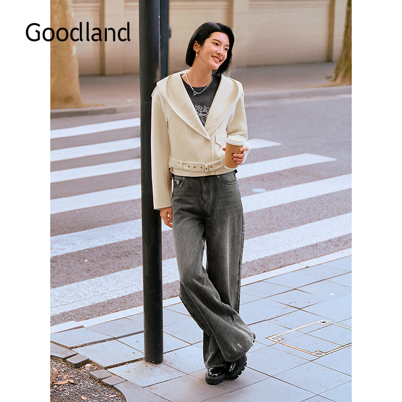 Goodland美地女装洋气刷银直筒牛仔裤阔腿裤2025冬新款LC35520180