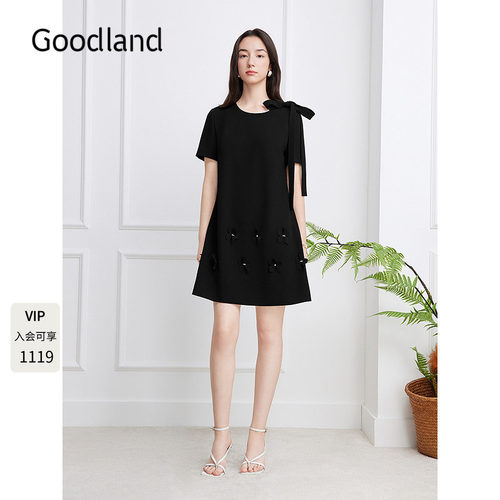 Goodland美地法式小黑裙2026夏季新款蝴蝶结花朵连衣裙LC36205630