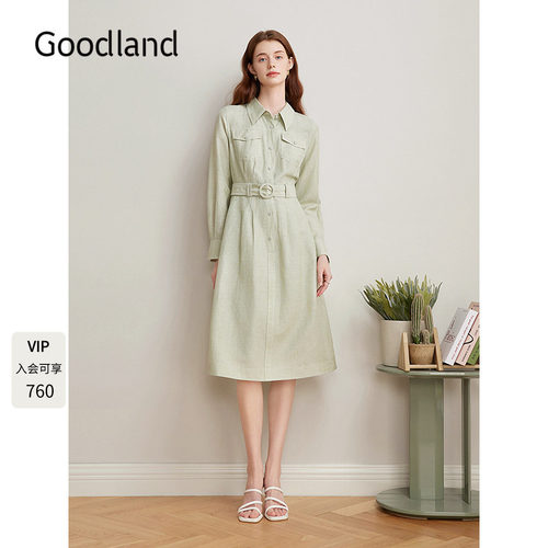 Goodland美地法式衬衫裙A摆羊毛亚麻连衣裙女LC35105210