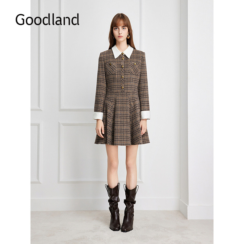 Goodland美地2026冬季新款羊毛混纺格纹连衣裙撞色翻领LC36505240