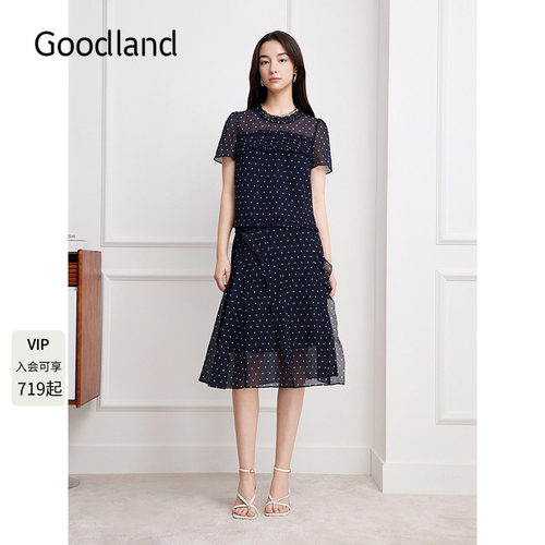 Goodland美地2026夏季新款泡泡纱法式复古波点短袖上衣女/半身裙