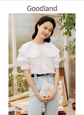 Goodland美地白色法式荷叶边衬衫泡泡袖短袖上衣女夏季LC34270080