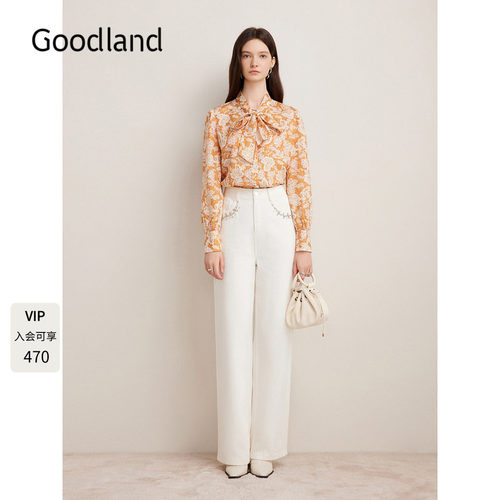 Goodland美地女装春季气质印花法式衬衫蝴蝶结飘带上衣