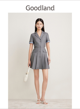 Goodland美地2024夏季新款气质灰色假两件连衣裙短款西装百褶裙