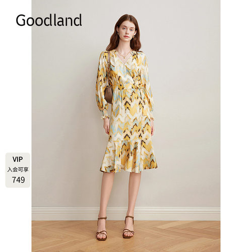 Goodland美地女装2025春新品法式优雅茶歇裙V领长袖印花连衣裙