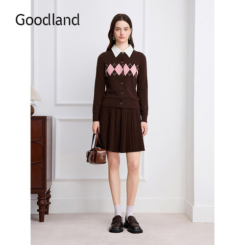 Goodland美地2026秋季新款复古绵羊毛菱格针织开衫/针织百褶短裙