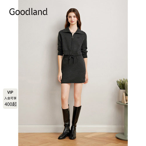 Goodland美地深灰拉斐尔羊毛翻领针织开衫短款/半身裙LC35106420