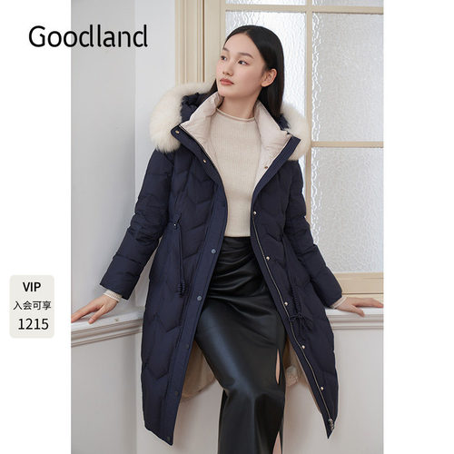 Goodland美地女装2024年冬季新款狐狸毛领连帽鸭绒羽绒服长款