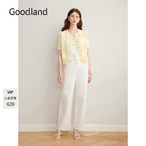 Goodland美地温柔气质假两件短袖针织开衫上衣女夏季LC35206300
