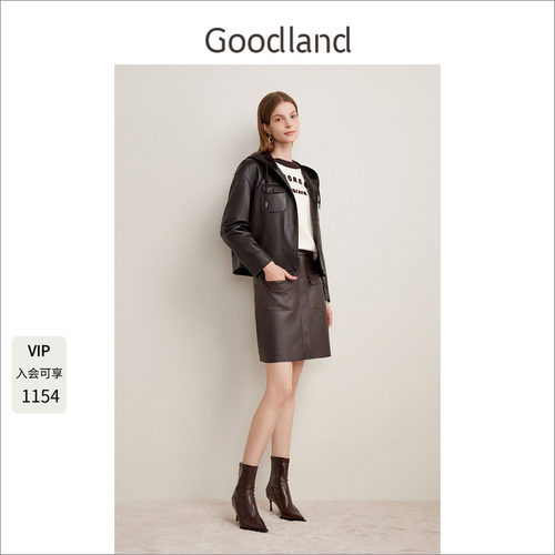 Goodland美地女装深咖休闲风羊皮连帽皮衣外套女短款LC34309020