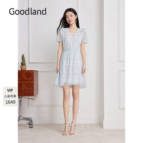 Goodland美地女装碎花荷叶边不规则2026夏季新款连衣裙LC36205170