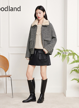 Goodland美地女装毛领人字纹羊毛外套女宽松2025冬新款LC35510020