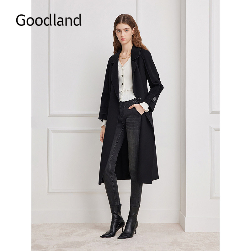 Goodland美地黑色羊毛大衣外套女翻领系带2025冬新款LC35580390