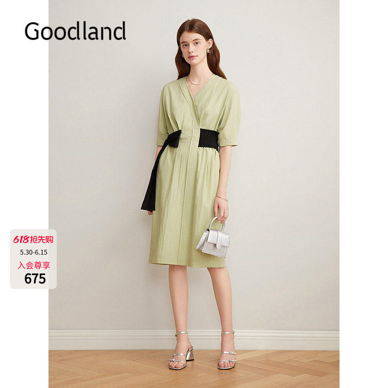 Goodland美地女装2025夏季新款法式v领蝴蝶结腰封短袖连衣裙