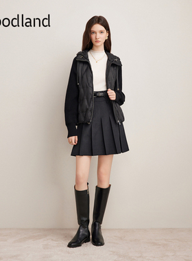 Goodland美地黑色轻便连帽羽绒服女鸭绒拼接针织袖LC34508370
