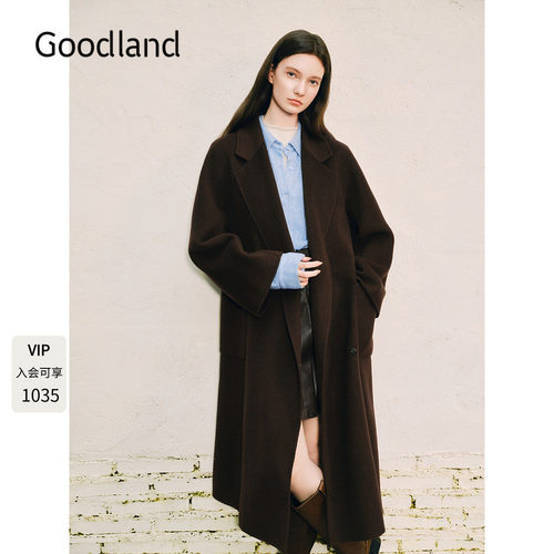 Goodland美地气质西装领100羊毛双面呢大衣外套女长款LC34580140