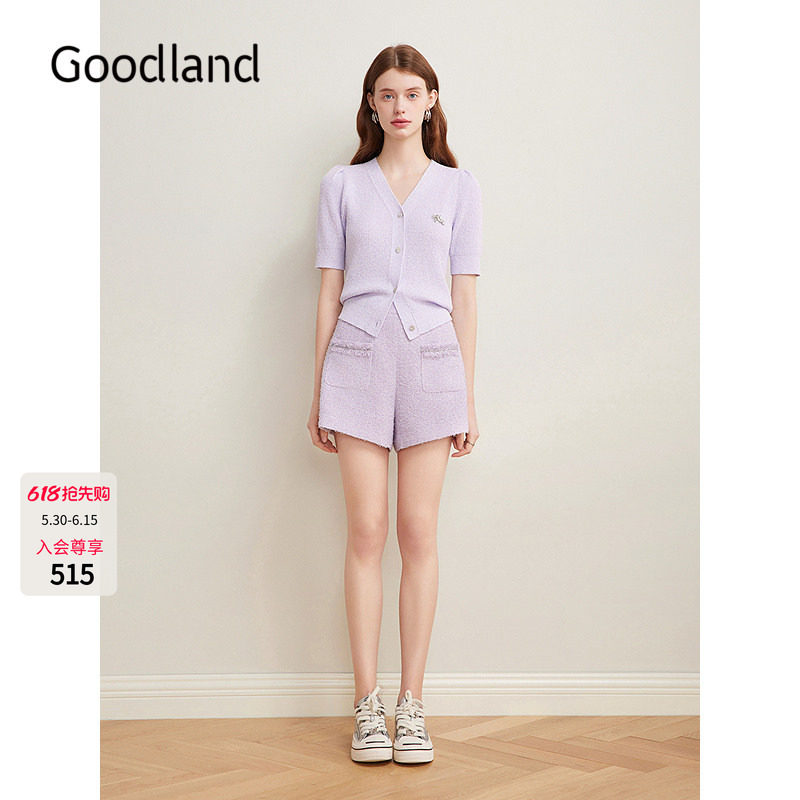 Goodland美地温柔风紫色小香风v领短袖针织开衫女夏季LC35206850