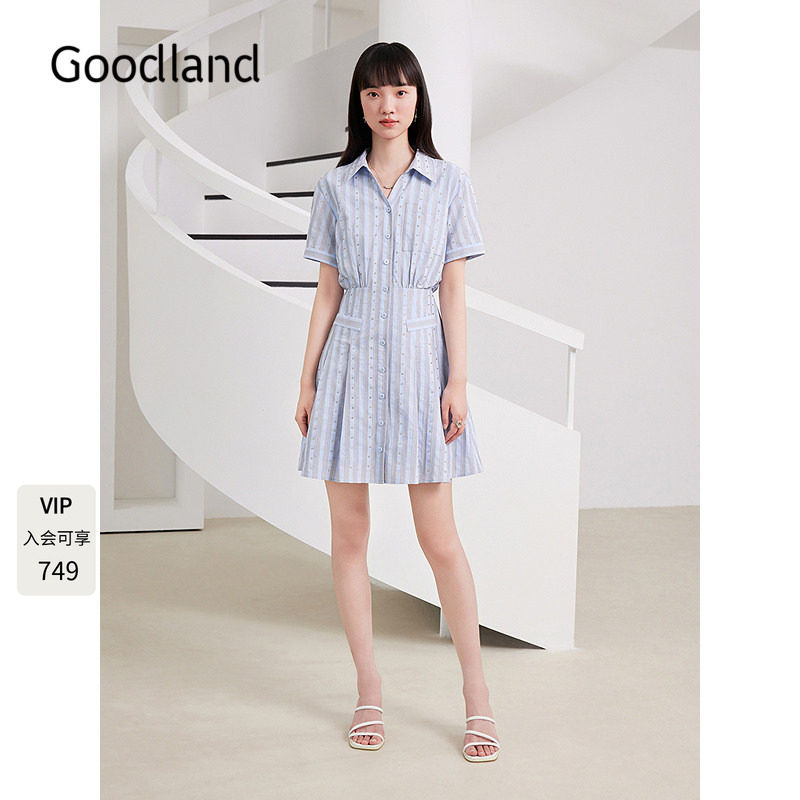 Goodland美地条纹烫钻短袖衬衫式连衣裙女夏季收腰a字LC35305090图片