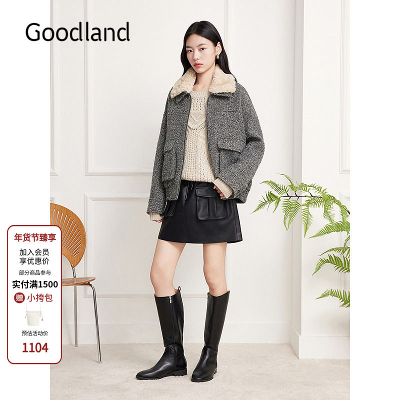 Goodland美地女装毛领人字纹羊毛外套女宽松2025冬新款LC35510020,女装/女士精品,短外套,淘宝优惠券,粉丝福利购,淘宝优惠卷