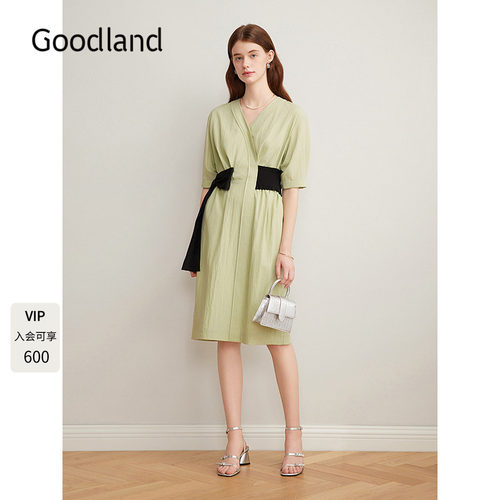 Goodland美地法式v领蝴蝶结腰封短袖连衣裙女夏季显瘦LC35205350