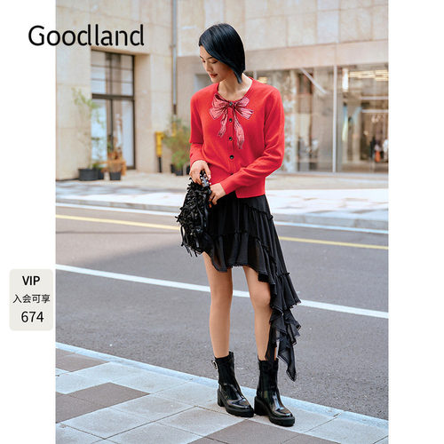 Goodland美地绵羊毛蝴蝶结印花针织开衫女2025冬新品LC35506290