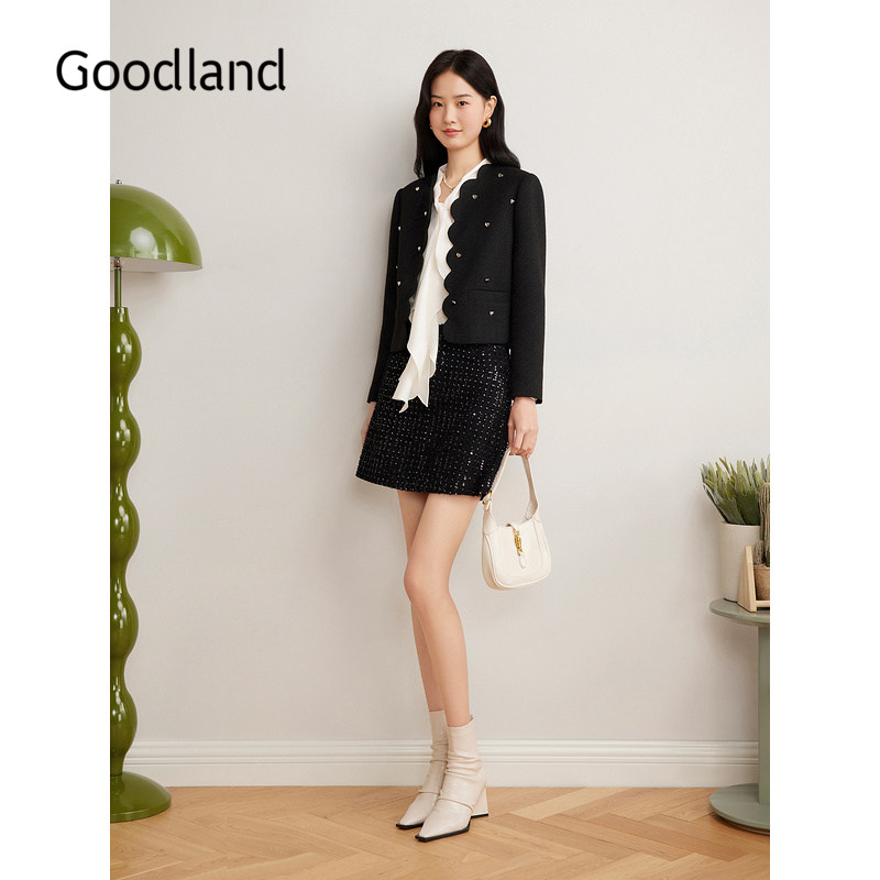 Goodland美地女装法式黑色波浪边小香风外套短款显瘦LC35110080