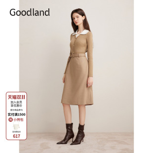 羊毛拼接假两件针织连衣裙长款 Goodland美地女装 2024年秋冬新款