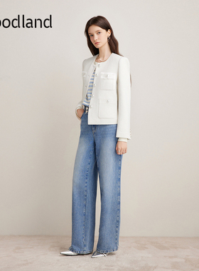 Goodland美地女装优雅白色圆领直筒小香风短外套