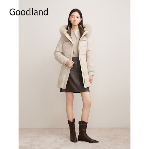 Goodland美地浅咖狐狸毛领连帽羽绒服女中款收腰鸭绒LC34508380