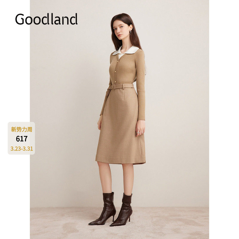 Goodland美地气质法式翻领拼接针织连衣裙修身显瘦LC34306627