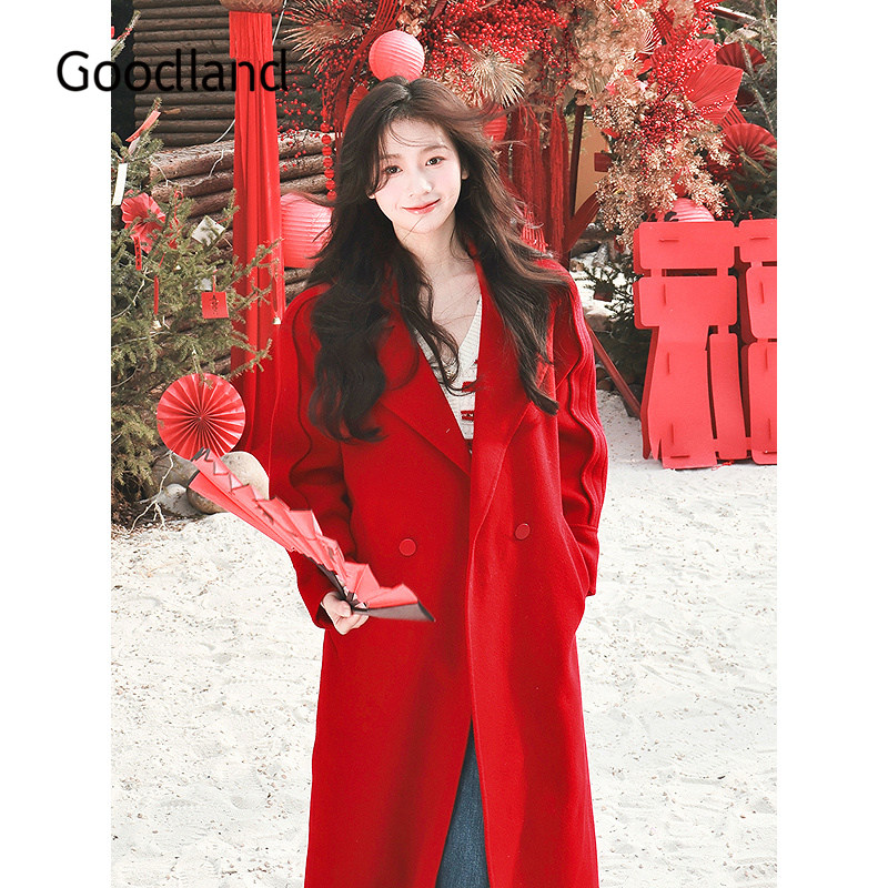 Goodland美地法式气质翻领羊毛羊绒大衣外套女长款LC34580170/1