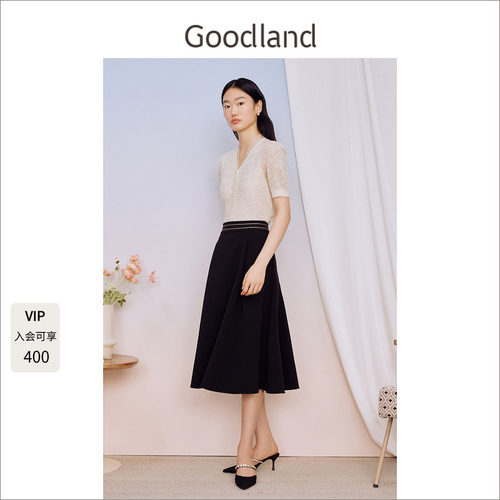Goodland美地温柔感米色提花蕾丝v领短袖上衣女